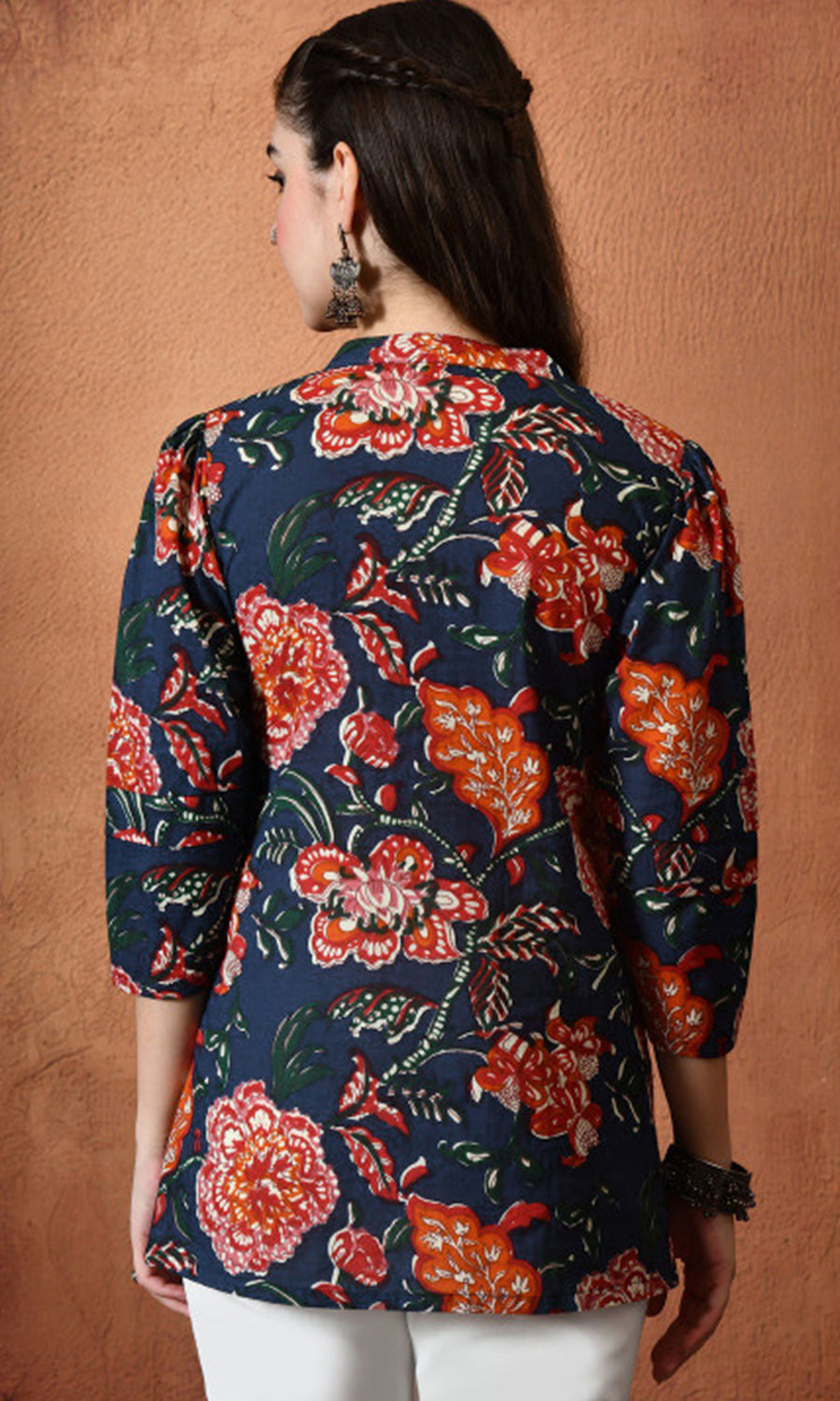 Women’s Cotton Floral Printed V-Neck Pleated Tunic Top