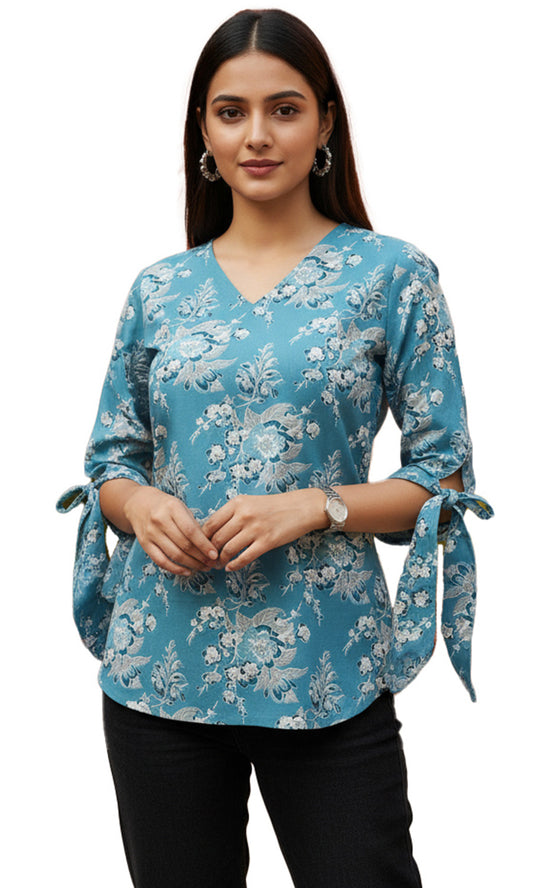 Women’s Cotton Floral Printed V-Neck Tunic Top with Tie-Up Sleeves