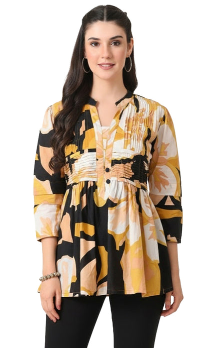 Women’s Cotton Abstract Printed Pleated Yoke Top