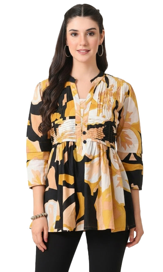 Women’s Cotton Abstract Printed Pleated Yoke Top