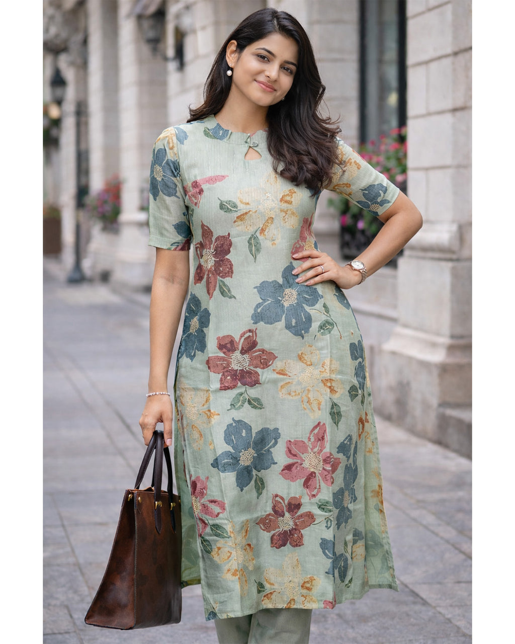 Linen Blend Printed Straight Calf Length Kurta for Women