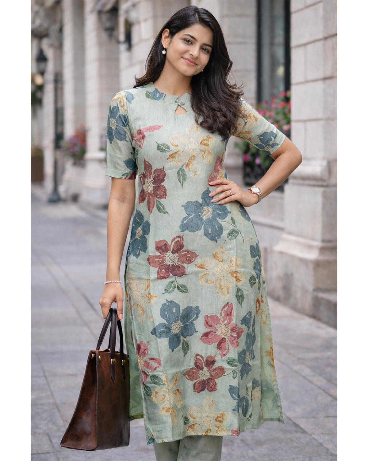 Linen Blend Printed Straight Calf Length Kurta for Women