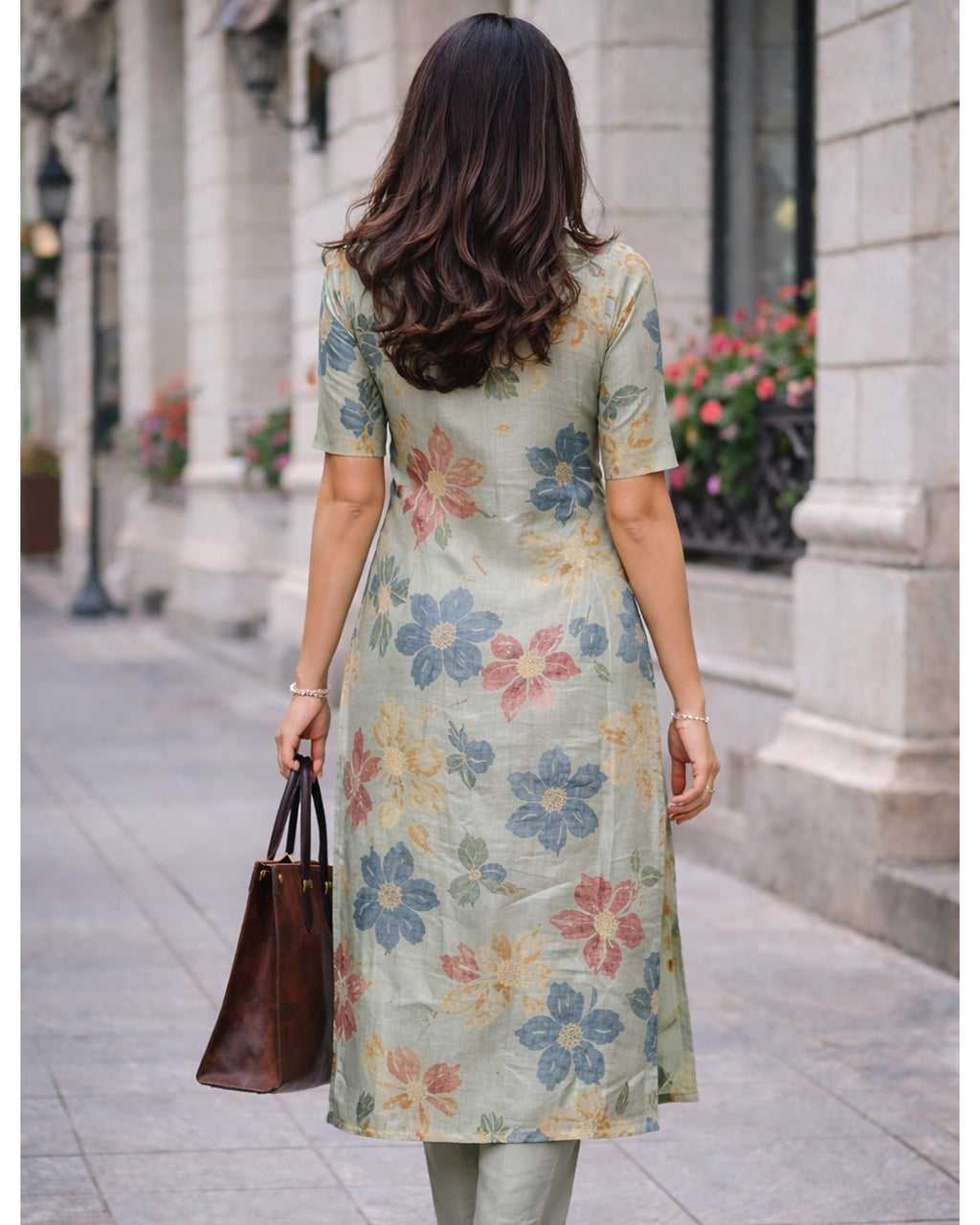 Linen Blend Printed Straight Calf Length Kurta for Women
