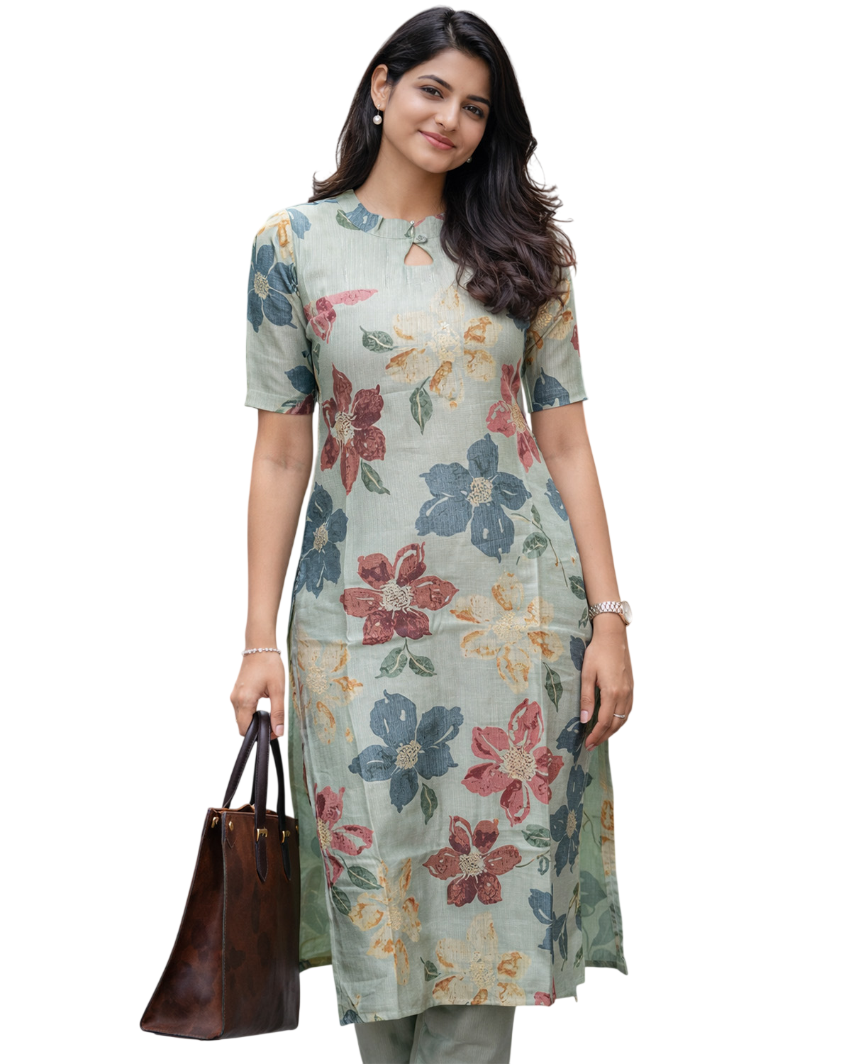 Linen Blend Printed Straight Calf Length Kurta for Women