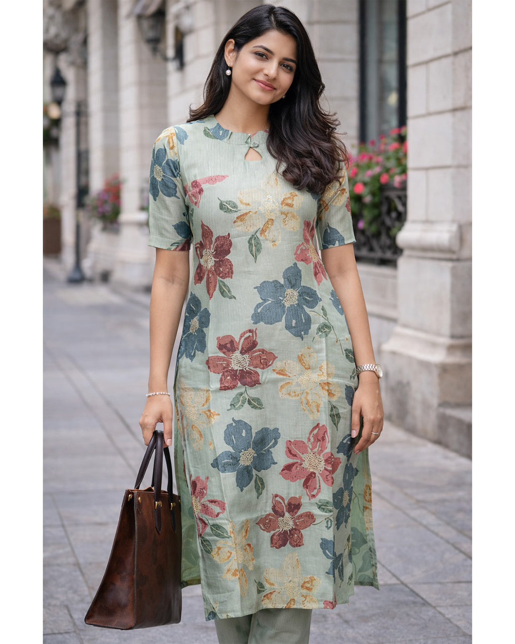 Linen Blend Printed Straight Calf Length Kurta for Women