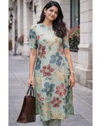 Linen Blend Printed Straight Calf Length Kurta for Women