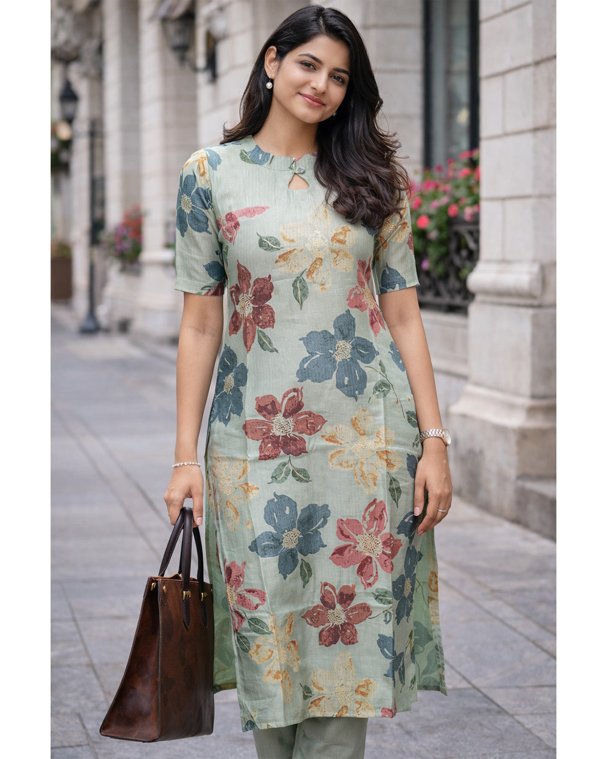 Linen Blend Printed Straight Calf Length Kurta for Women
