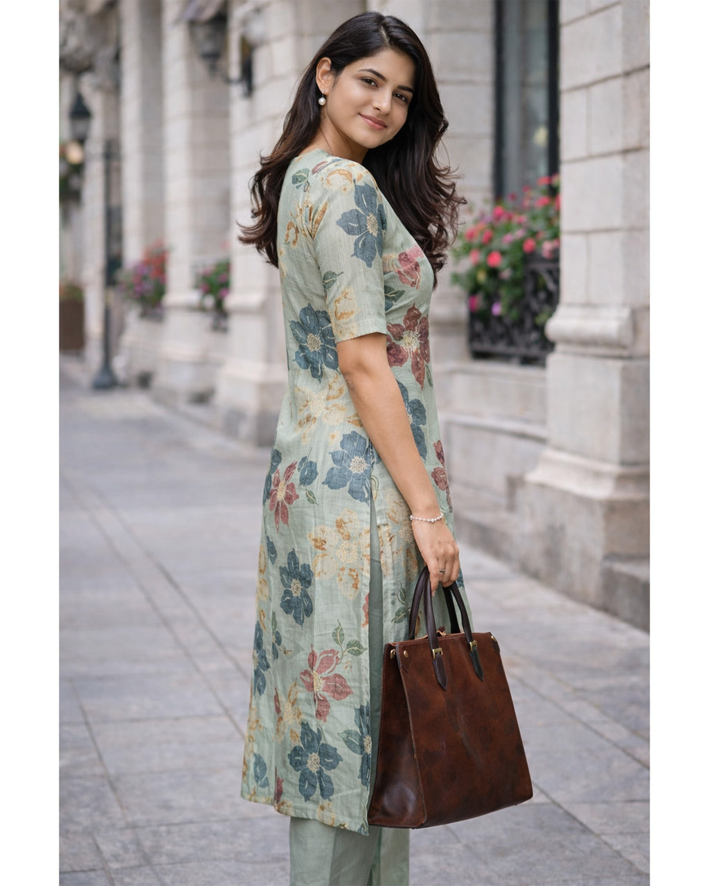 Linen Blend Printed Straight Calf Length Kurta for Women