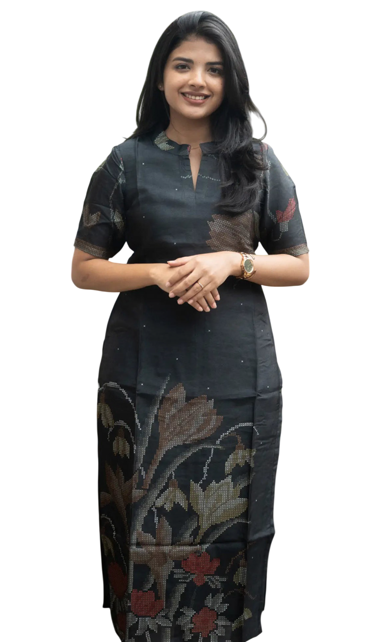 Women Chanderi Printed Straight Calf Length Kurta