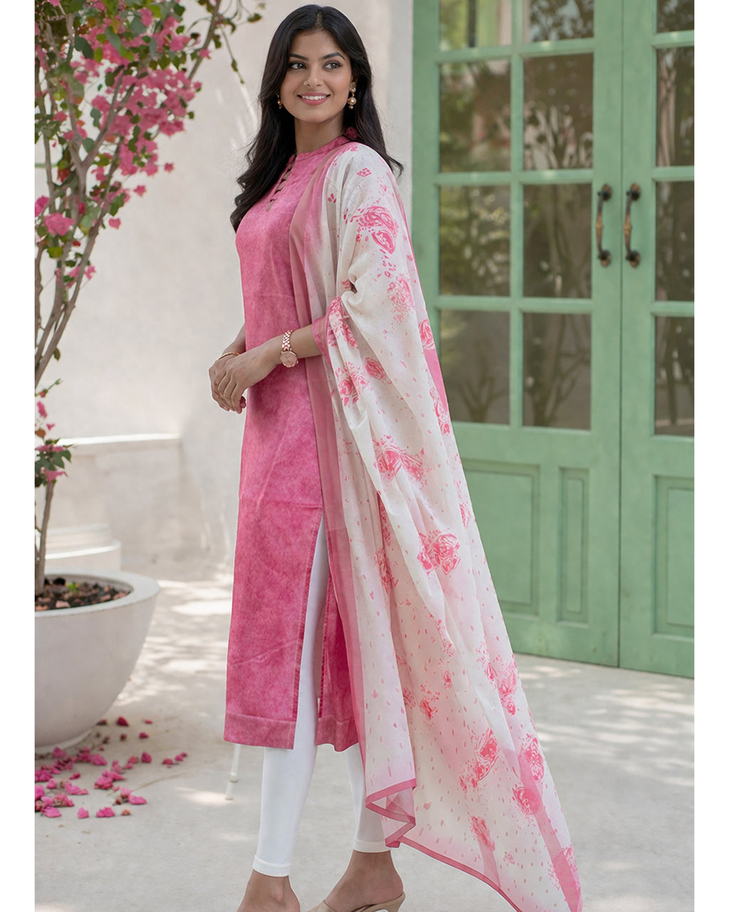 Women’s Chanderi Straight Kurti with Printed Organza Dupatta