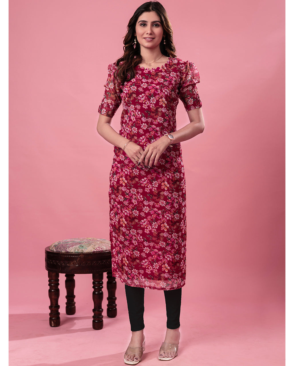 Women’s Red Floral Print Georgette Straight Kurta