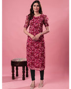 Women’s Red Floral Print Georgette Straight Kurta