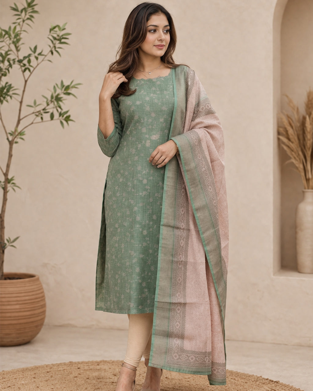 Green Chanderi Kurti with Dupatta – Casual Chic