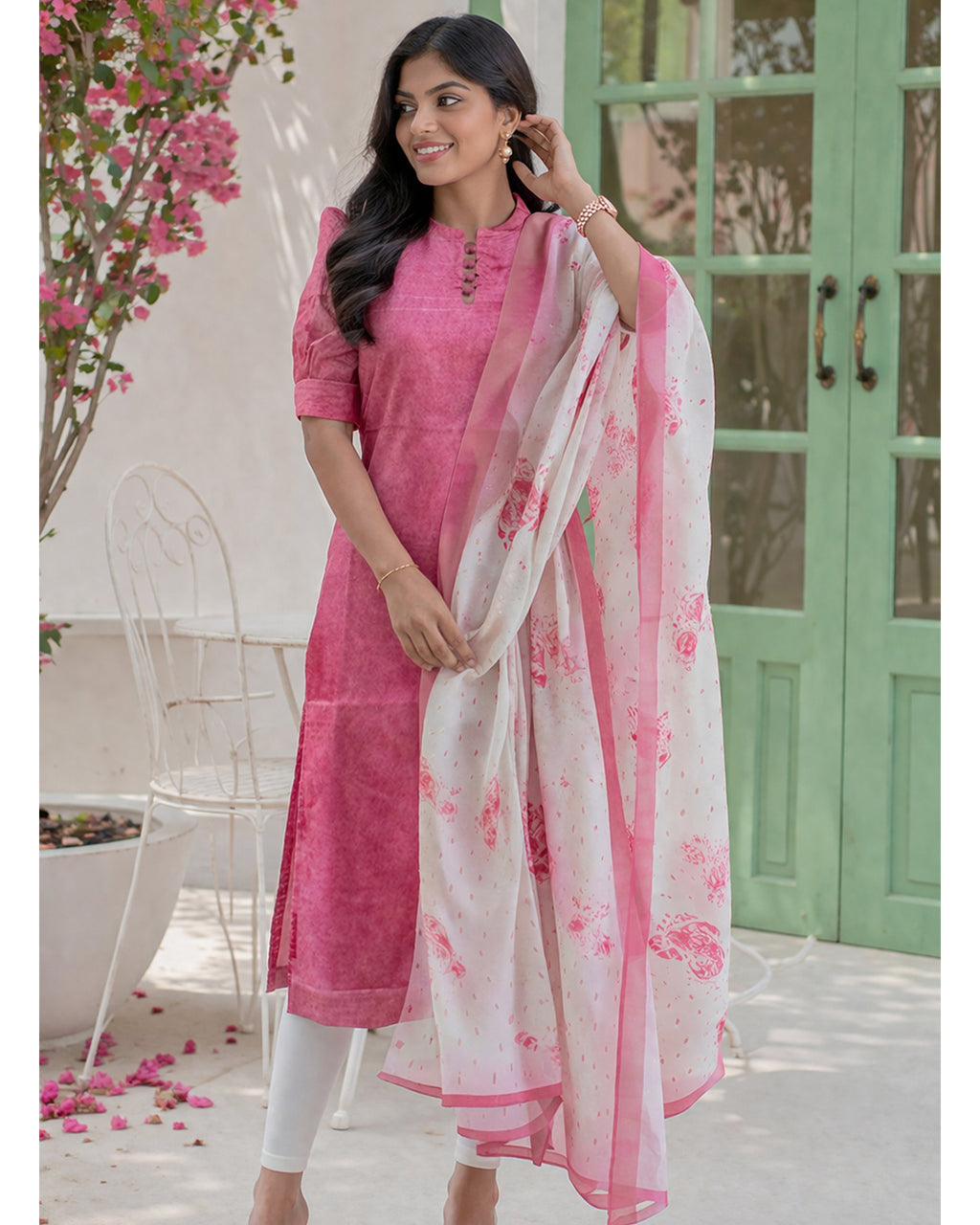 Women’s Chanderi Straight Kurti with Printed Organza Dupatta