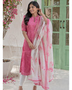 Women’s Chanderi Straight Kurti with Printed Organza Dupatta