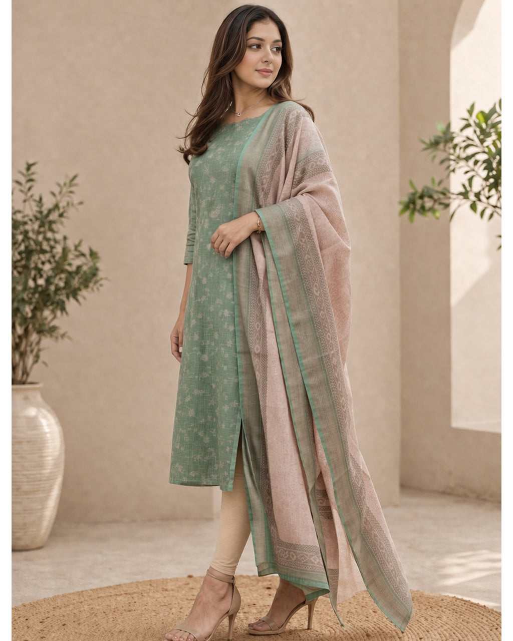 Green Chanderi Kurti with Dupatta – Casual Chic