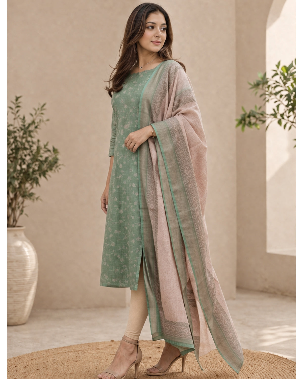 Green Chanderi Kurti with Dupatta – Casual Chic