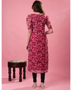 Women’s Red Floral Print Georgette Straight Kurta