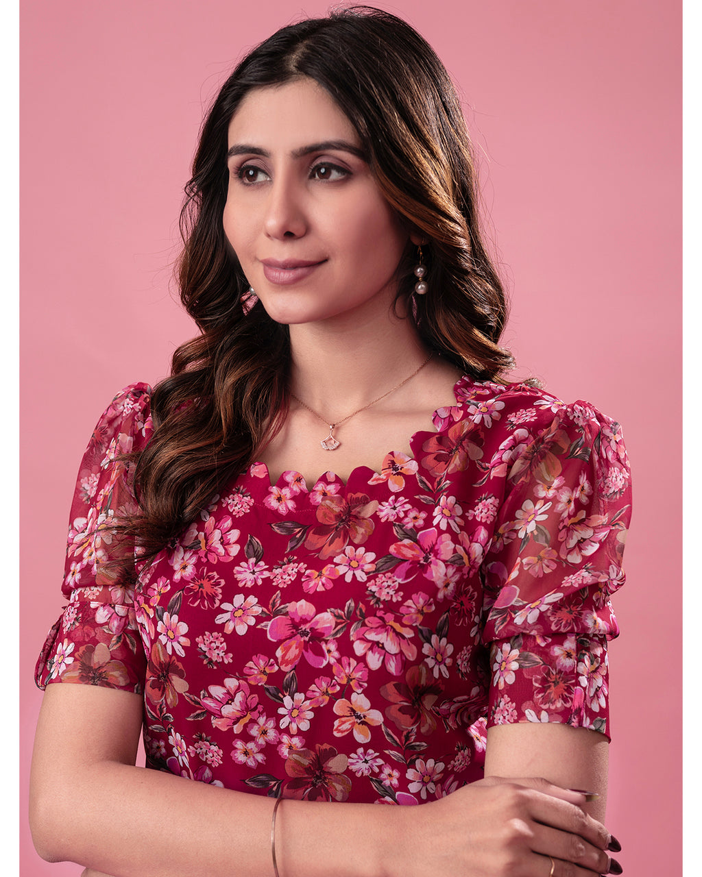 Women’s Red Floral Print Georgette Straight Kurta