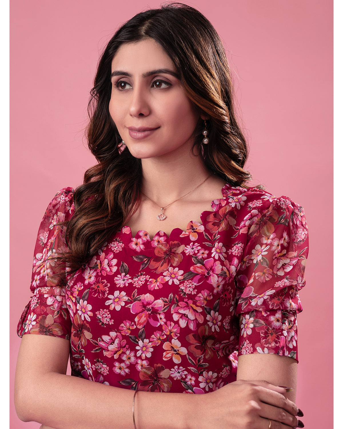 Women’s Red Floral Print Georgette Straight Kurta