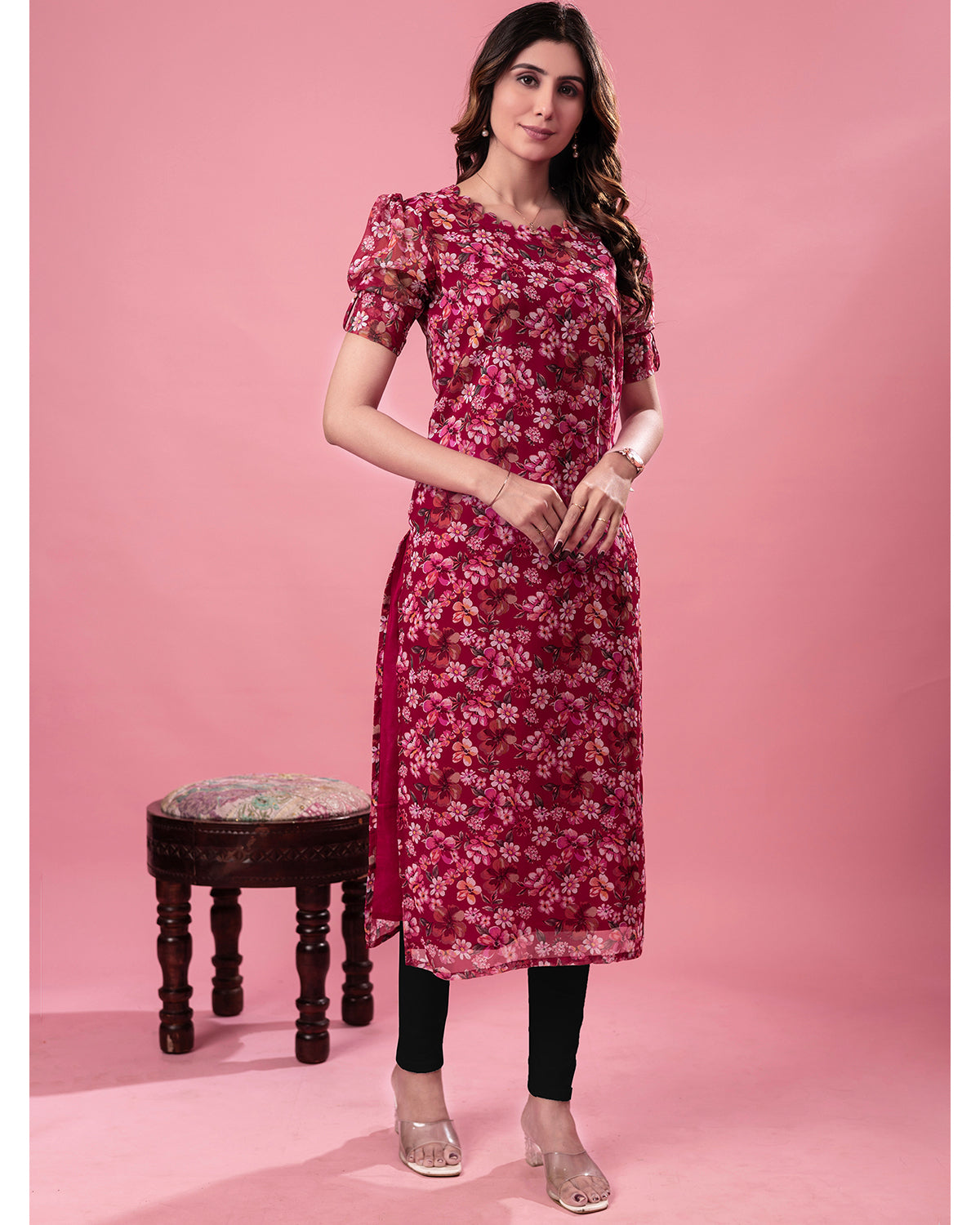 Women’s Red Floral Print Georgette Straight Kurta