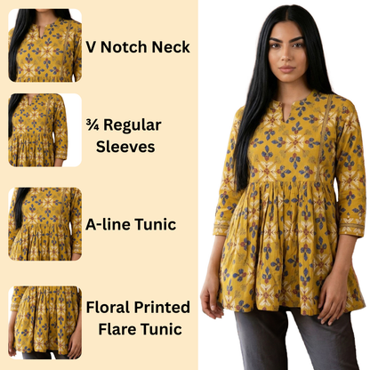 Women’s Cotton Floral Printed A-Line Tunic Top for Office Wear
