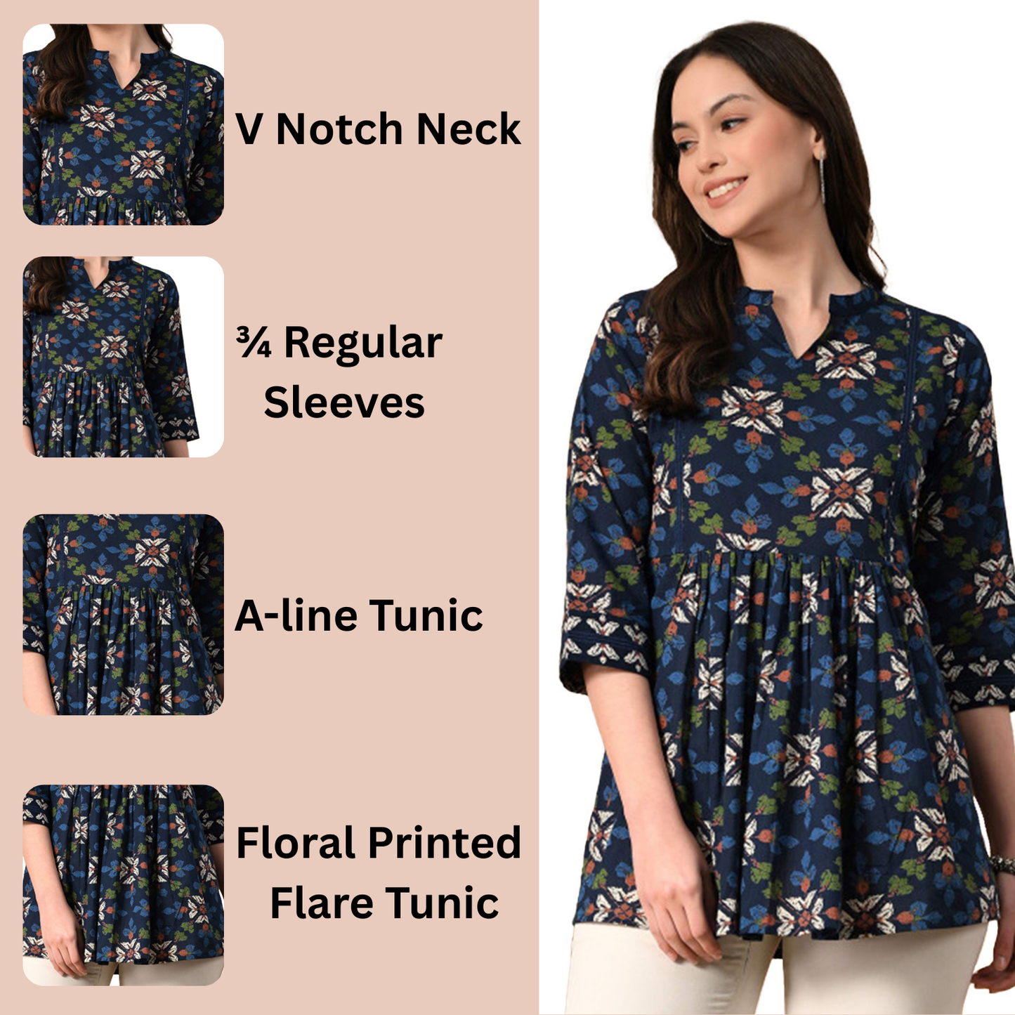 Women’s Cotton Printed A-Line Peplum Tunic Top