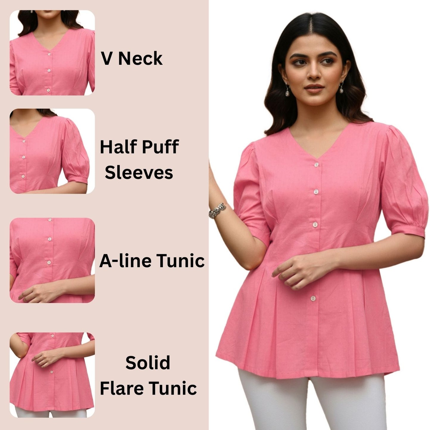 Women’s Peach Cotton V-Neck Peplum Tunic Top