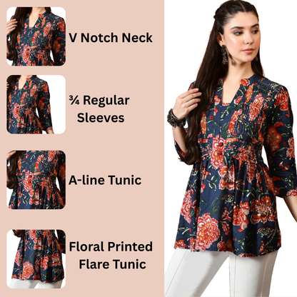 Women’s Cotton Floral Printed V-Neck Pleated Tunic Top