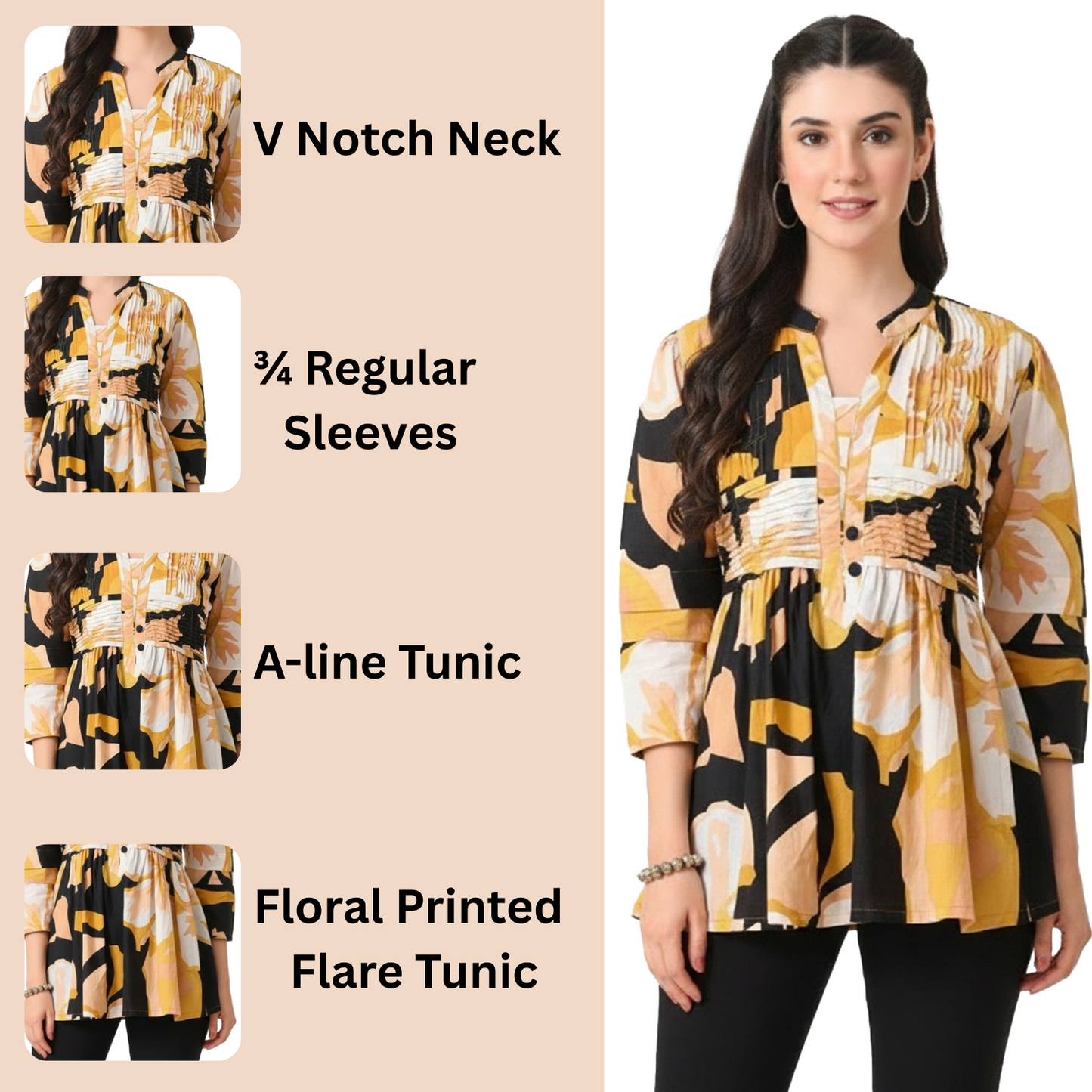 Women’s Cotton Abstract Printed Pleated Yoke Top