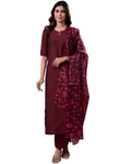 Women's Maroon Roman Silk Kurta Pant Set with Floral Dupatta