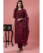 Women's Maroon Roman Silk Kurta Pant Set with Floral Dupatta
