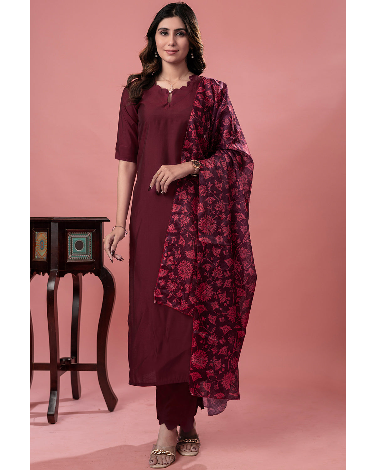 Women's Maroon Roman Silk Kurta Pant Set with Floral Dupatta