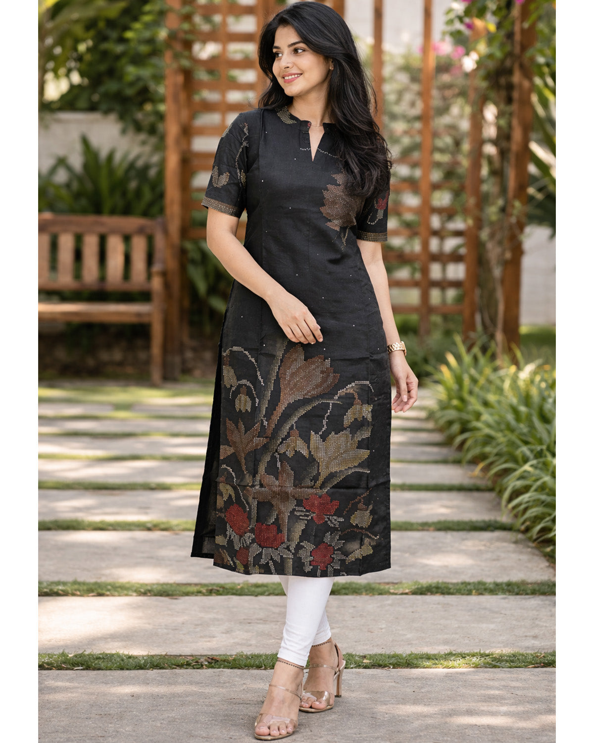 Women Chanderi Printed Straight Calf Length Kurta