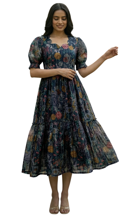 Chanderi Printed Fit and Flare Midi Dress for Women