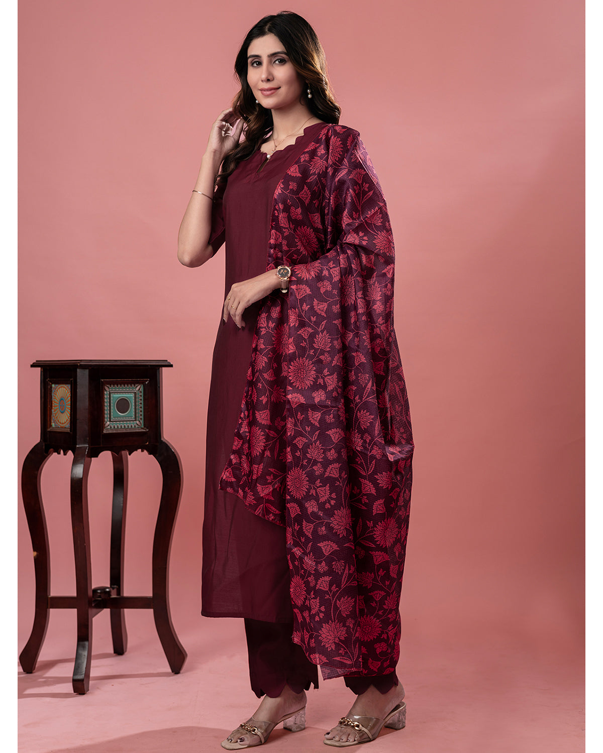 Women's Maroon Roman Silk Kurta Pant Set with Floral Dupatta