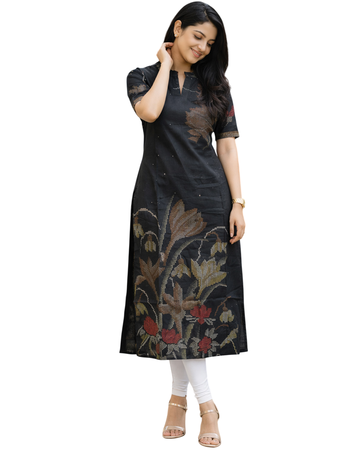 Women Chanderi Printed Straight Calf Length Kurta
