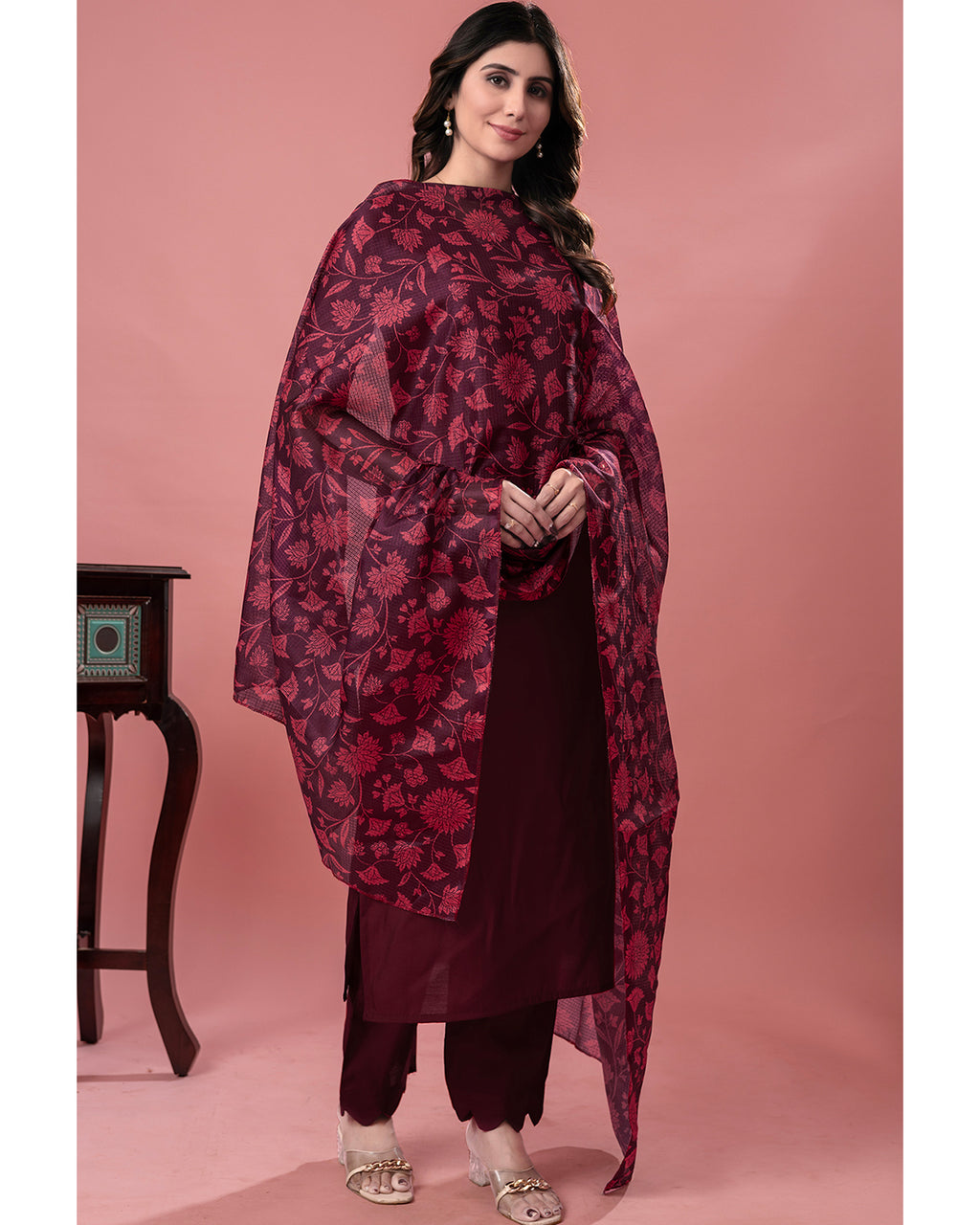 Women's Maroon Roman Silk Kurta Pant Set with Floral Dupatta