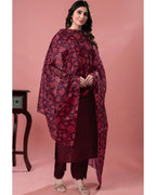 Women's Maroon Roman Silk Kurta Pant Set with Floral Dupatta