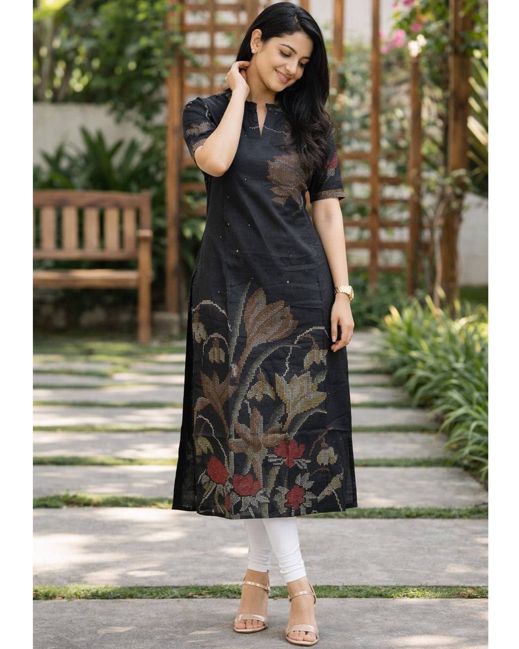 Women Chanderi Printed Straight Calf Length Kurta