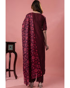 Women's Maroon Roman Silk Kurta Pant Set with Floral Dupatta