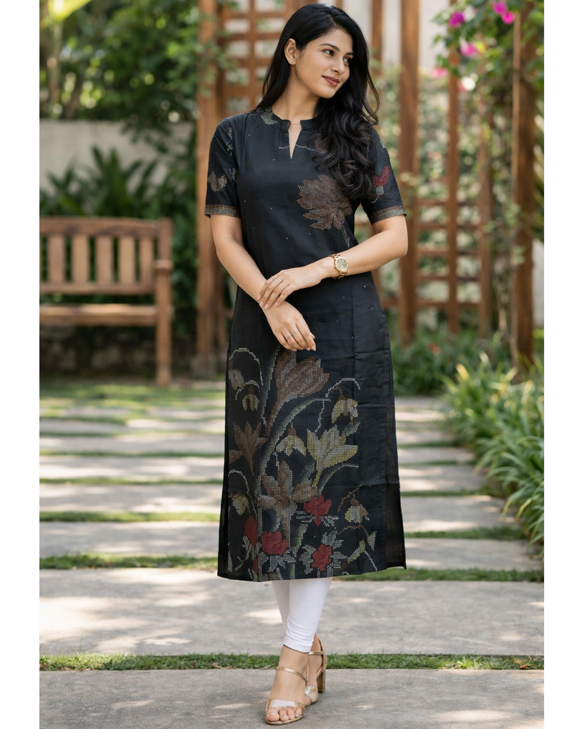Women Chanderi Printed Straight Calf Length Kurta