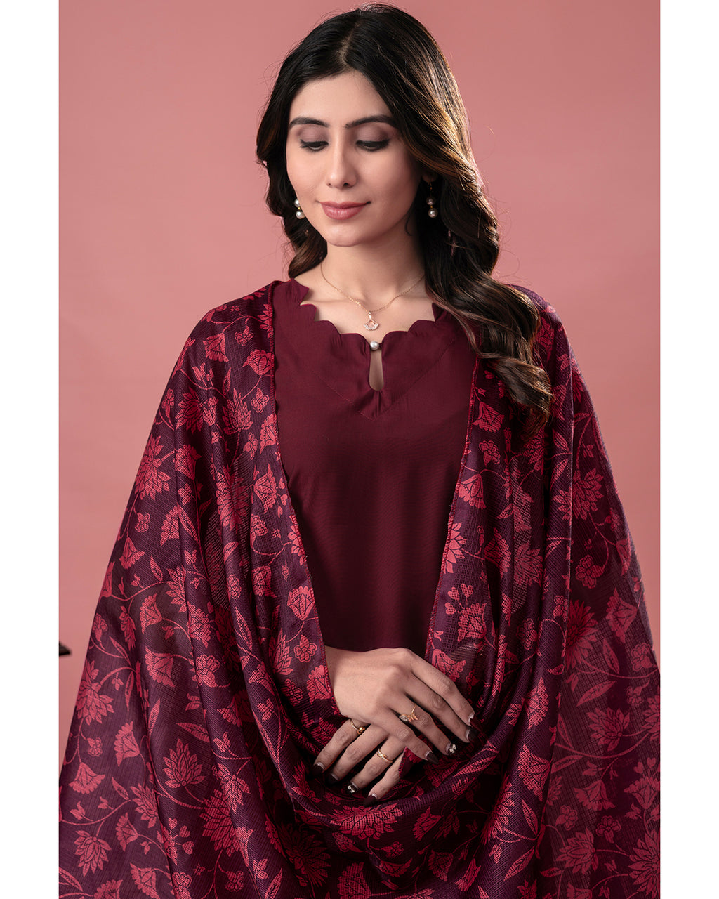 Women's Maroon Roman Silk Kurta Pant Set with Floral Dupatta