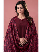 Women's Maroon Roman Silk Kurta Pant Set with Floral Dupatta