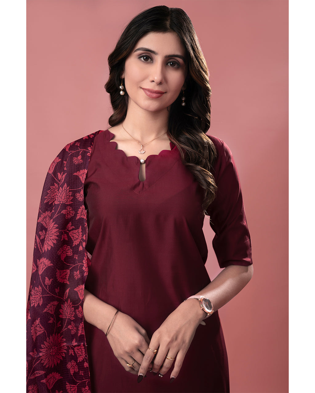 Women's Maroon Roman Silk Kurta Pant Set with Floral Dupatta