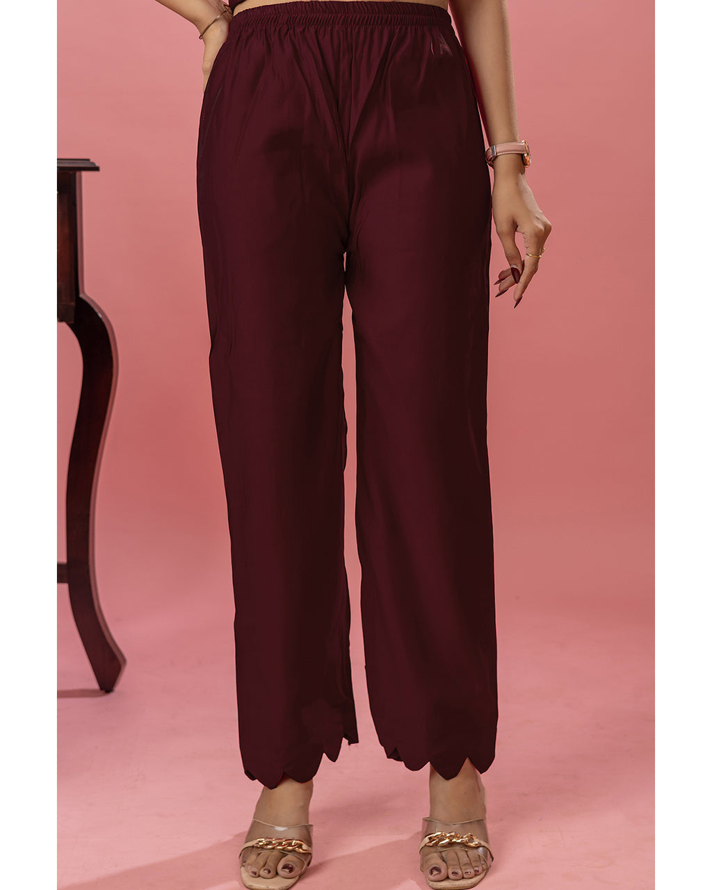 Women's Maroon Roman Silk Kurta Pant Set with Floral Dupatta