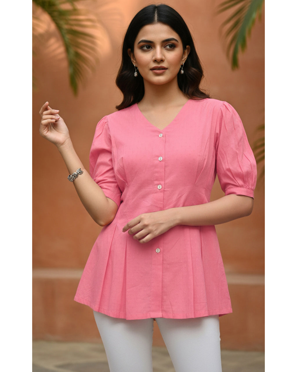 Women’s Peach Cotton V-Neck Peplum Tunic Top