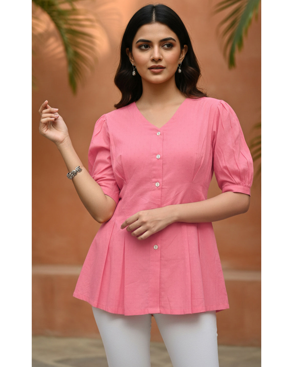 Women’s Peach Cotton V-Neck Peplum Tunic Top