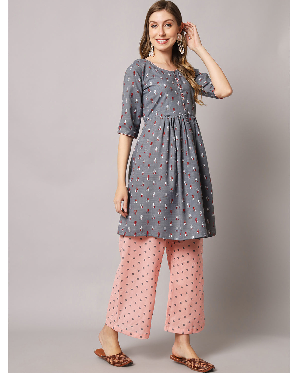 Cotton blend print kurta set with dupatta