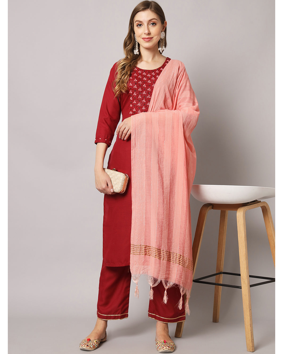 Cotton blend hand embroidery kurta set with dupatta